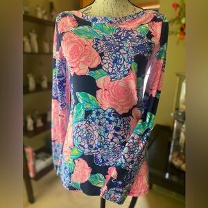 EUC Lilly Pulitzer Aleah High Tide Navy Hey Hey Bouquet boatneck long sleeve Tee
